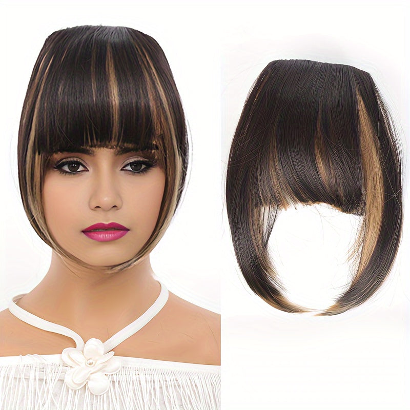 Chic Brown Clip-In Air Bangs for Women - Heat Resistant Synthetic Hair Extension with Neat Front Fringe, One Piece, Easy to Attach, Perfect for All Skin Tones