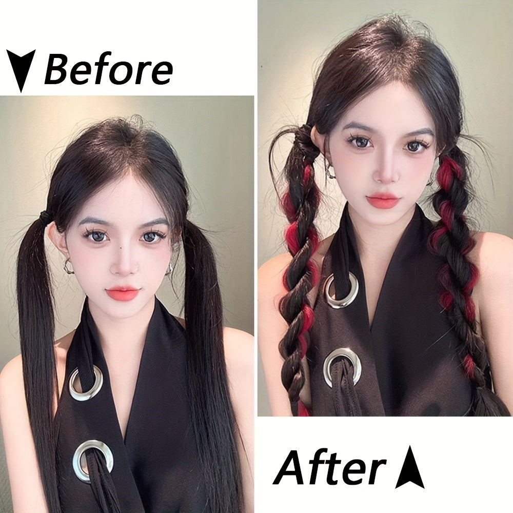 2pcs Long Wavy Highlight Color Braided Ponytail for Women Synthetic Wigs with Rubber Bands Curly Ponytail Extensions Elastic Hair Band