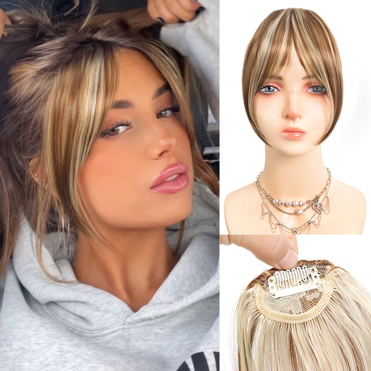 Chic Look| Elegant Brown & Blonde Clip-In Bangs Wig for Women - Fluffy Synthetic Hair with Natural Side Fringe, High-Temperature Resistant, Versatile Styling Options, Short Hair Wig