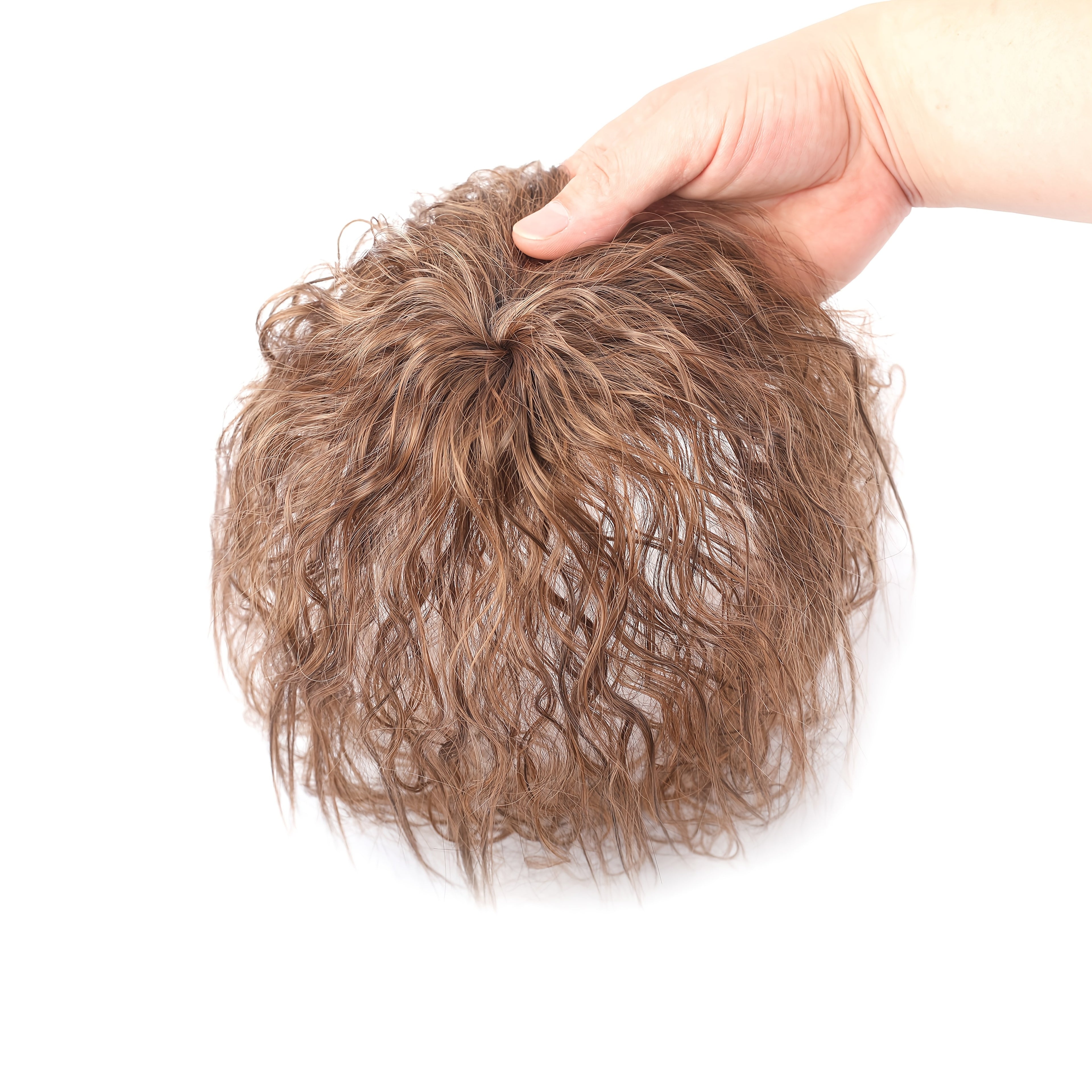 Curly Wave Clip-In Hair Topper for Women - Corn Perm Style Synthetic Hairpiece with Bangs, Voluminous Loose Wave Hairpiece for Diverse Hairstyles, Elegant Brown Water Wave Design, Versatile Hair Accessory, Stylish Hairpiece, Natural Look Hairpiece