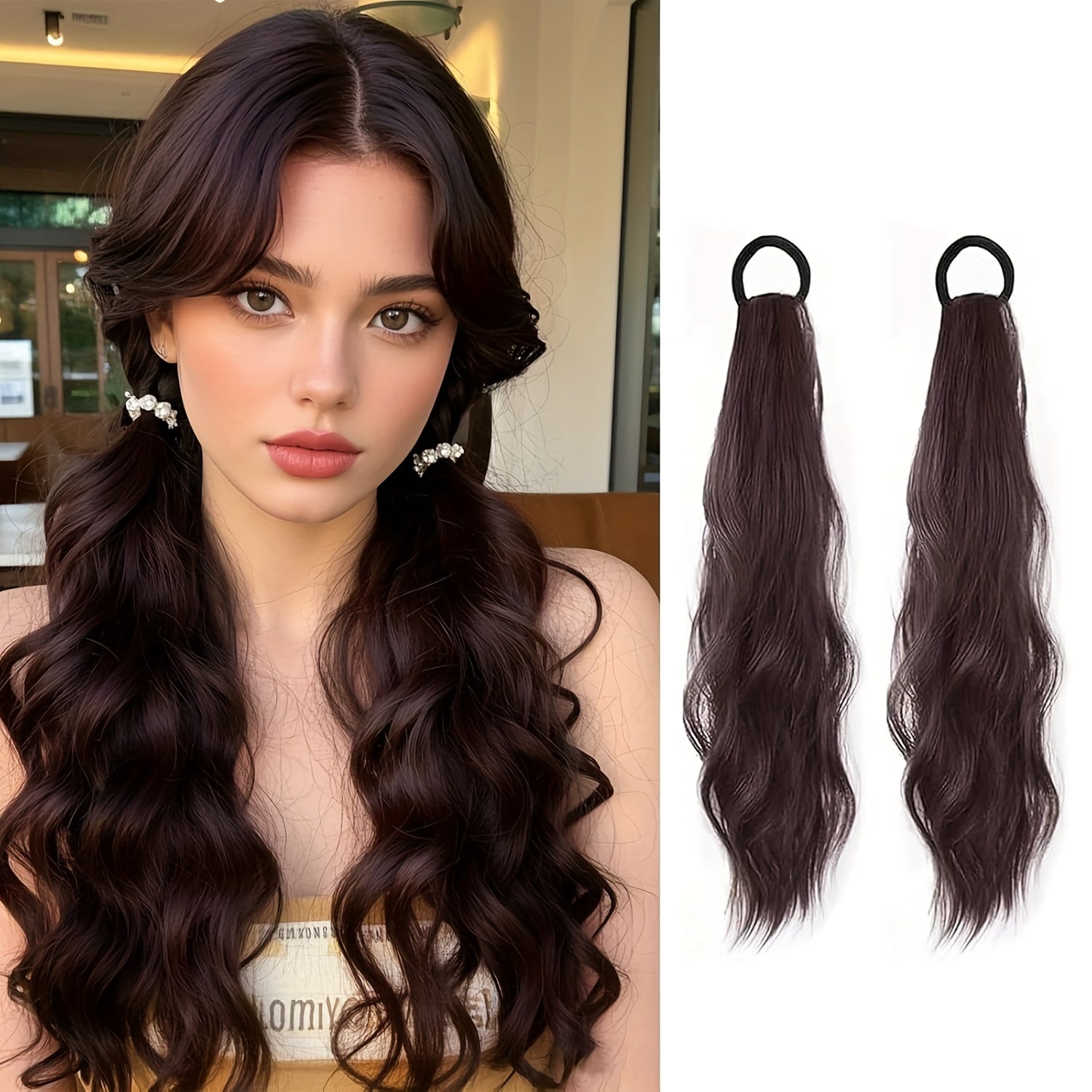 2pcs Curly Ponytail Extension with Elastic Tie 43.18 cm Resistant Synthetic Natural Wavy Hairpiece Pony Tail Hair Extensions Wave Fake Ponytail Hairpieces for Women Daily Wear Party Wave Music Festival(Brown)