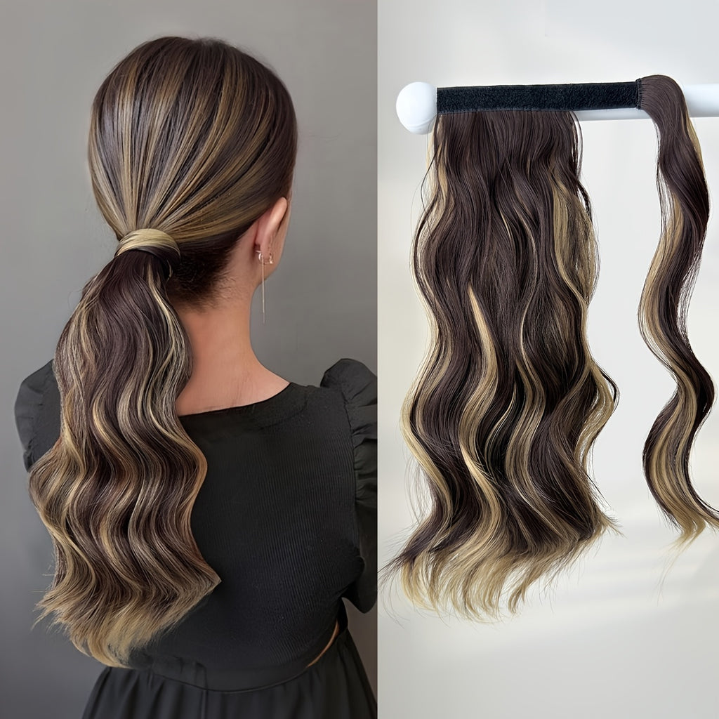 Clip Style Golden Ponytail Extension Wrap - Dark Brown Body Wave Synthetic Hair, 35.56 cm Heat-Resistant Hard Hairpiece for Women & Girls, Daily Use Ponytail Wrap for Volume & Texture, Ponytail Hair Extensions, Secure Clip Attachment