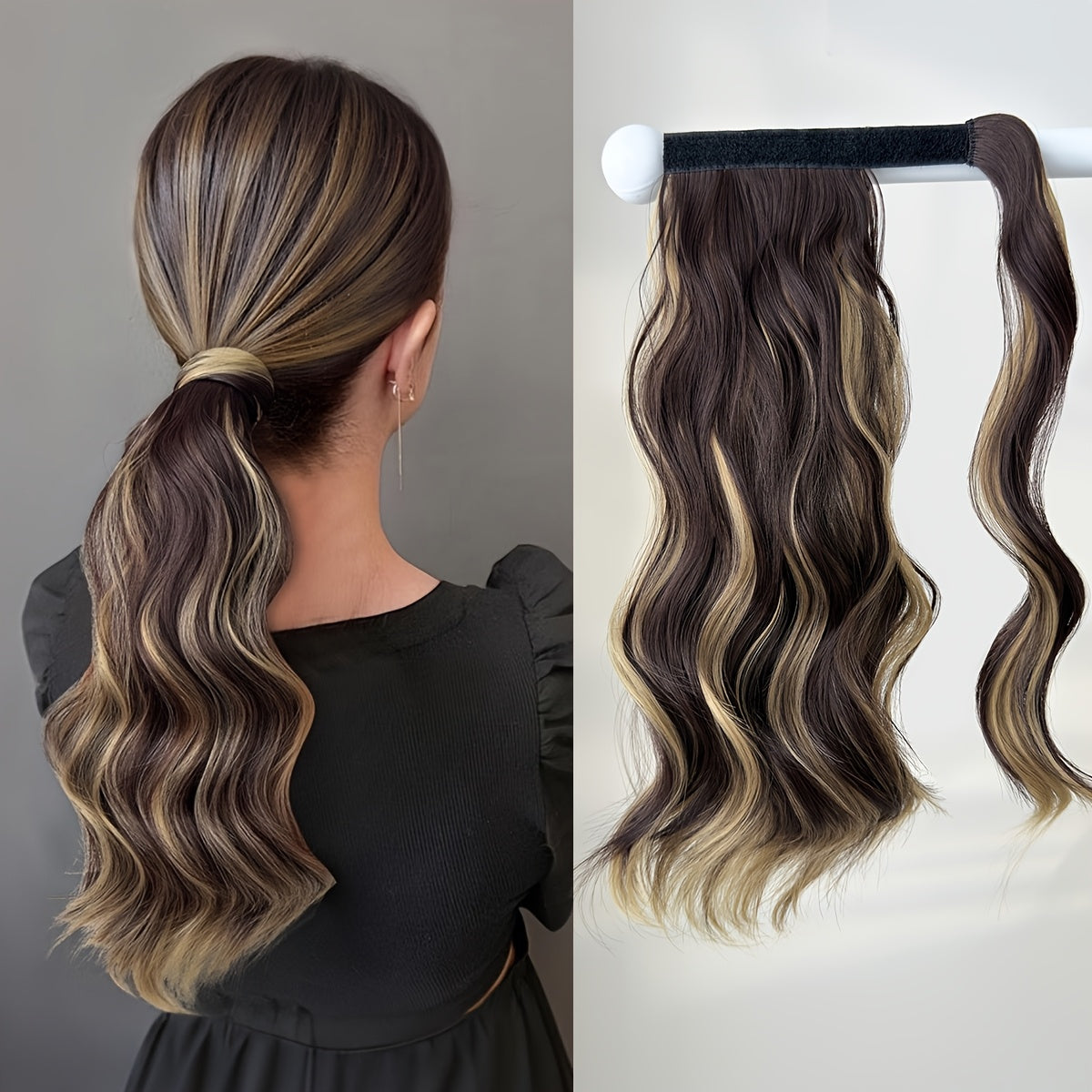 Clip Style Golden Ponytail Extension Wrap - Dark Brown Body Wave Synthetic Hair, 35.56 cm Heat-Resistant Hard Hairpiece for Women & Girls, Daily Use Ponytail Wrap for Volume & Texture, Ponytail Hair Extensions, Secure Clip Attachment