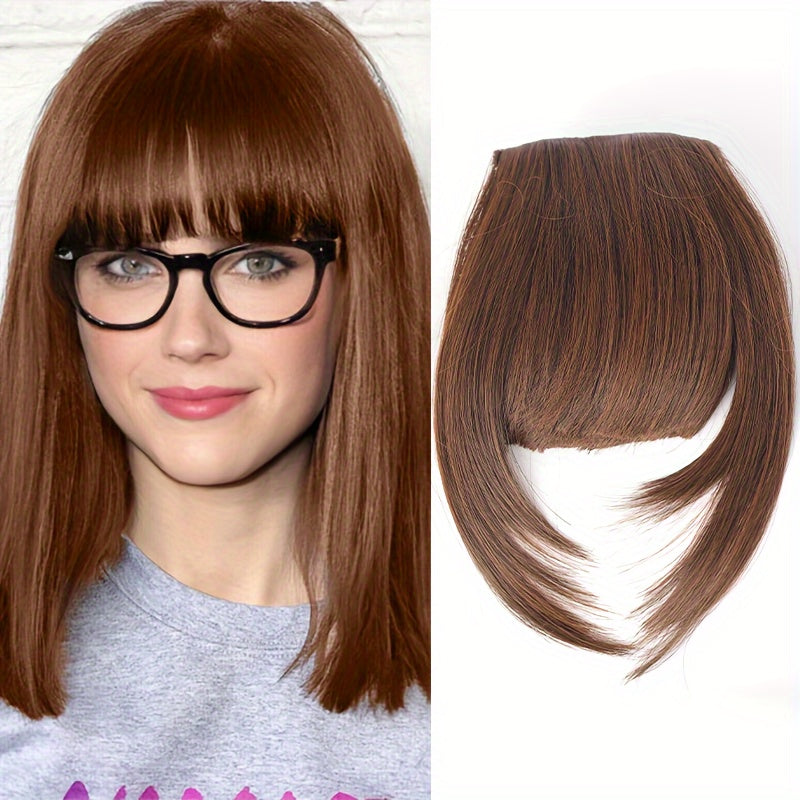 Chic Brown Clip-In Air Bangs for Women - Heat Resistant Synthetic Hair Extension with Neat Front Fringe, One Piece, Easy to Attach, Perfect for All Skin Tones