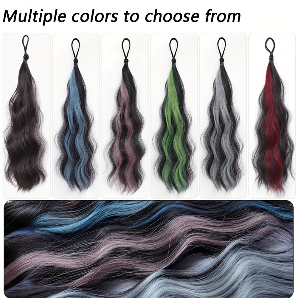 2pcs Long Wavy Highlight Color Braided Ponytail for Women Synthetic Wigs with Rubber Bands Curly Ponytail Extensions Elastic Hair Band
