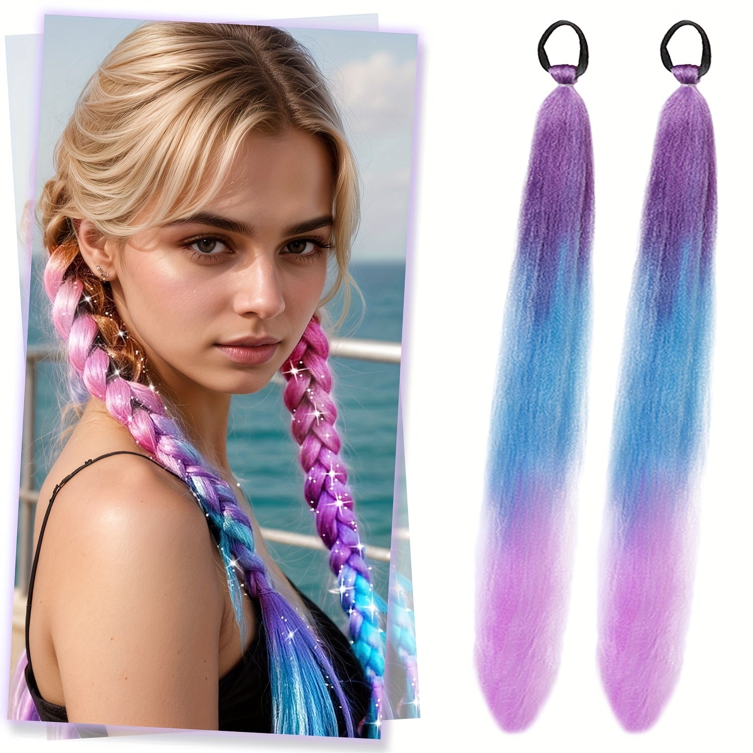 2 Pack Blue Gradient Synthetic Ponytail Extensions with Elastic Tie Band - Realistic Straight Hairpieces for Women & Girls, Cosplay, Dress Up, Hair Wigs, Hair Accessories, Stylish Hair Accessory, Secure Fit Hairpiece