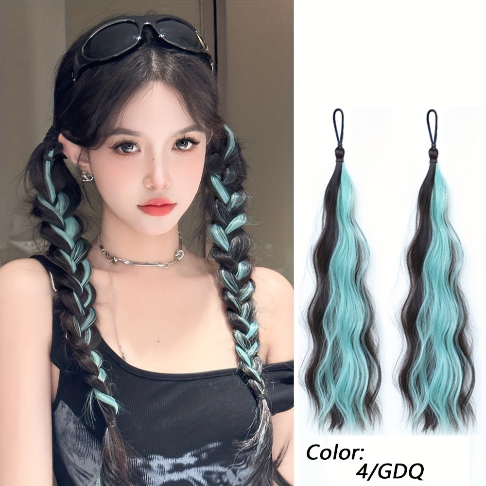 2pcs Long Wavy Highlight Color Braided Ponytail for Women Synthetic Wigs with Rubber Bands Curly Ponytail Extensions Elastic Hair Band