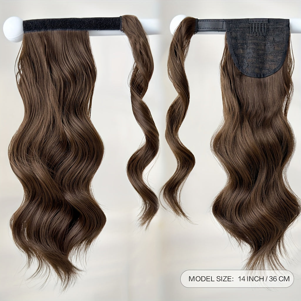Clip Style Golden Ponytail Extension Wrap - Dark Brown Body Wave Synthetic Hair, 35.56 cm Heat-Resistant Hard Hairpiece for Women & Girls, Daily Use Ponytail Wrap for Volume & Texture, Ponytail Hair Extensions, Secure Clip Attachment