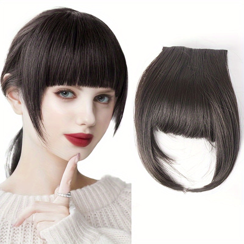 Chic Brown Clip-In Air Bangs for Women - Heat Resistant Synthetic Hair Extension with Neat Front Fringe, One Piece, Easy to Attach, Perfect for All Skin Tones